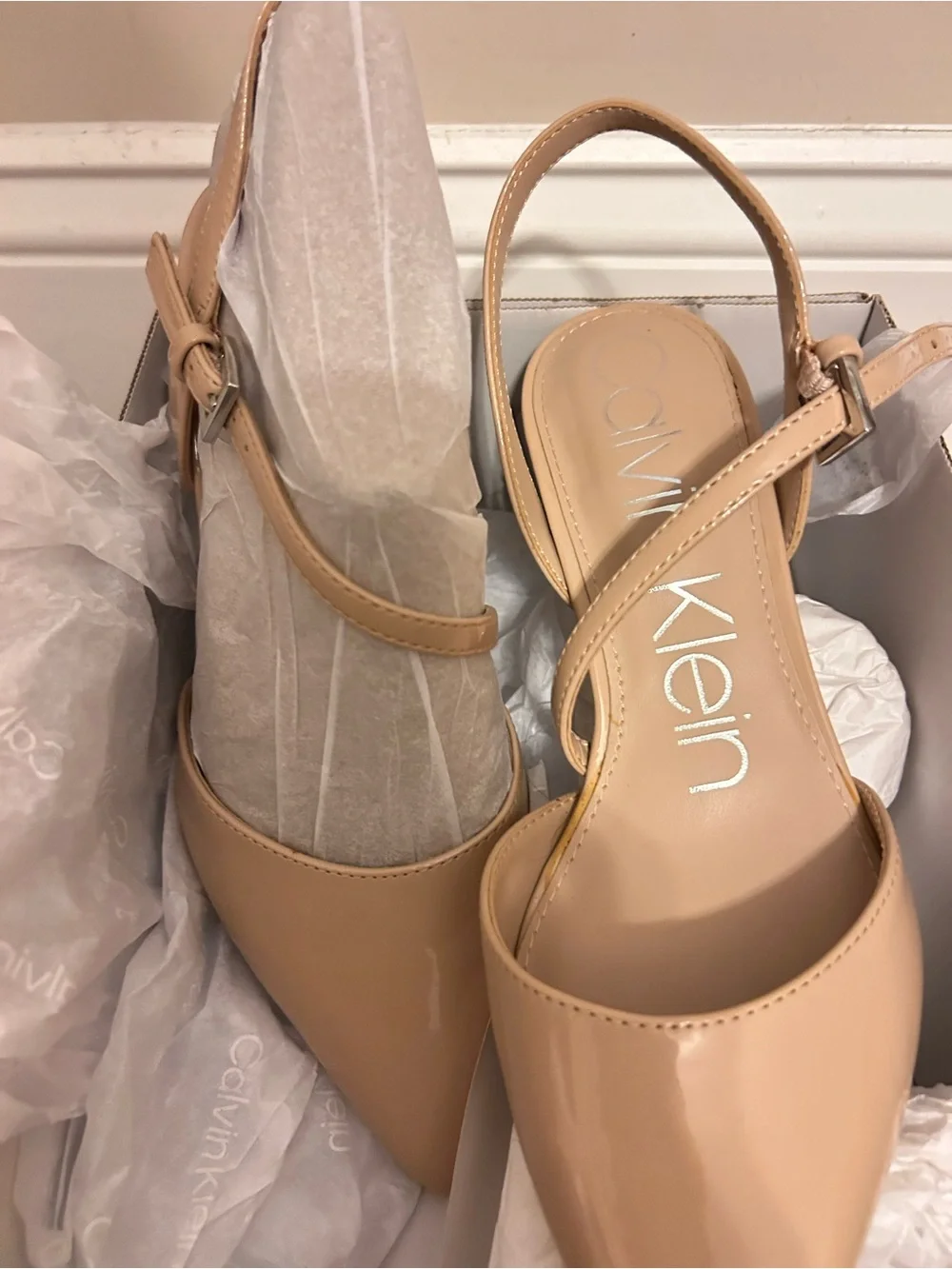 Calvin Klein Women's Beige Patent Pointed-Toe Slingback Heels